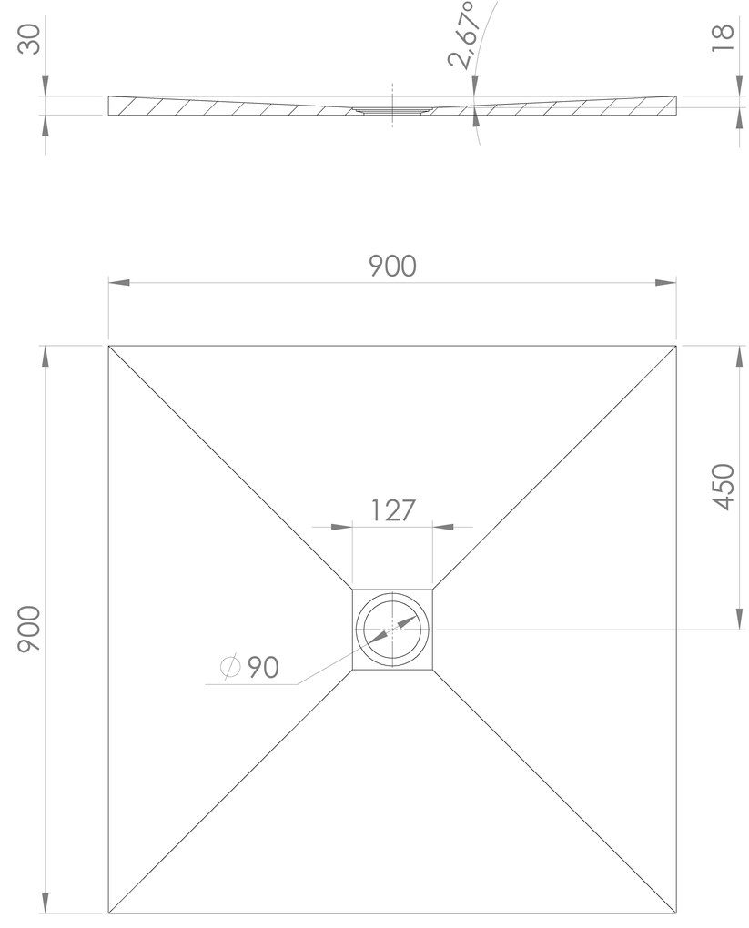Polysan Polysan, TRENECA sprchová vanička z liateho mramoru s možnosťou úpravy rozmeru 90x90cm, sivá matná, 84300.31