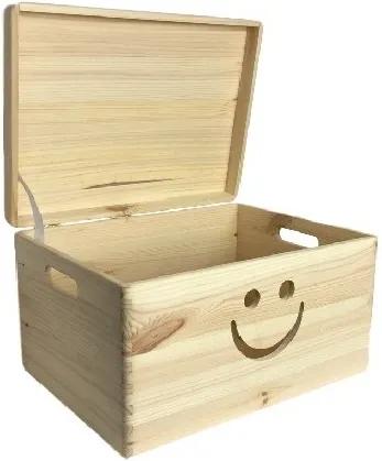 ČistéDrevo Dřevěný box s úsměvem a víkem 40 x 30 x 23 cm