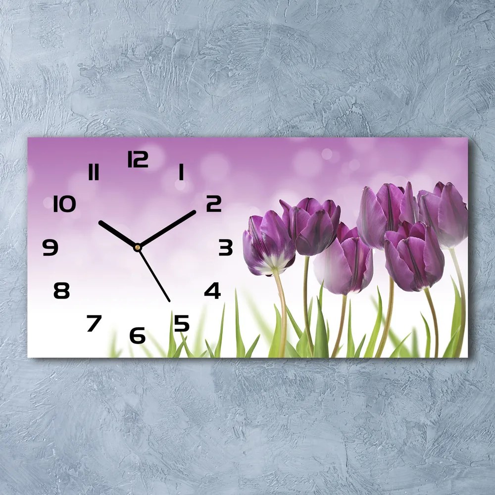 Sklenené hodiny na stenu Fialové tulipány pl_zsp_60x30_f_52340543