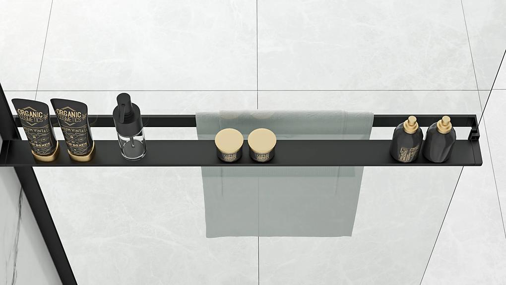 Sprchová zástena BLER 100 cm s policou a vešiakom na uteráky - čierna matná - číre sklo