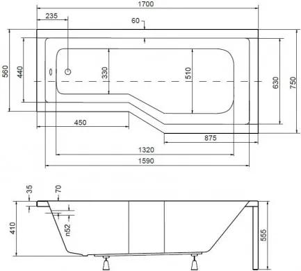 Asymetrická vana Hopa ESTE - 1700 x 750 mm, objem 150 l , Pravé, včetně panelu (VANEST17P+VANEST17C+VANNOZ)