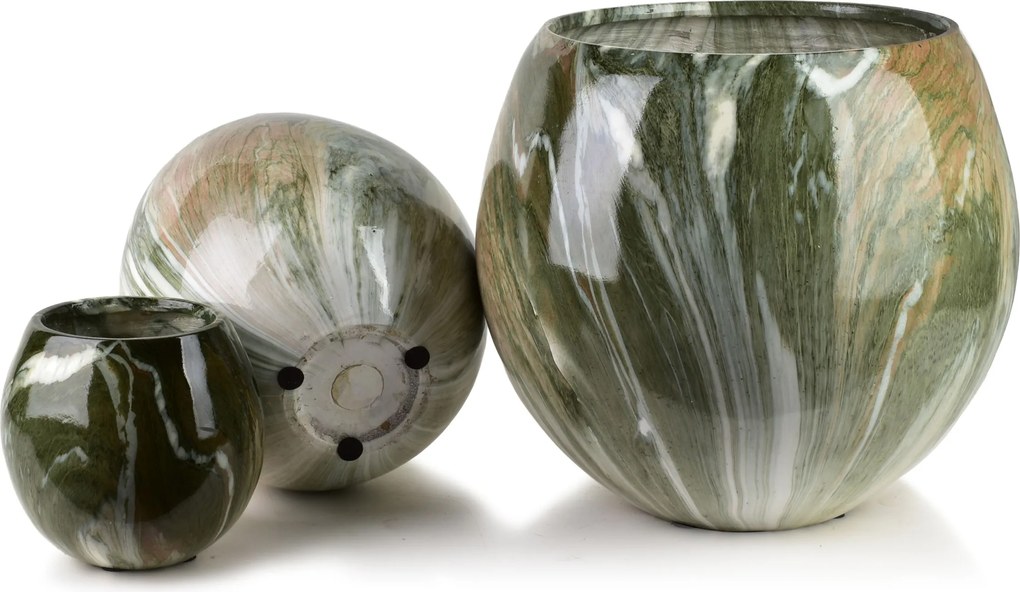Sada 3 ks keramických květináčů NEVA MARBLE XI zelená/hnědá