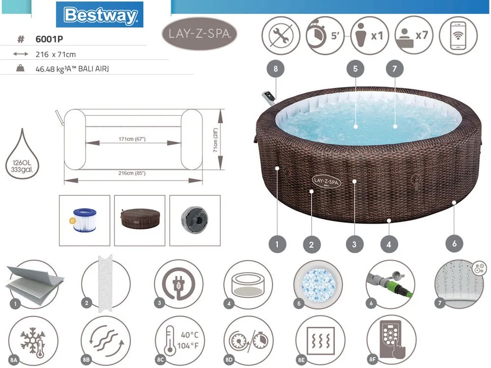 Vírivka Bestway Lay-Z-Spa BALI Smart 7 Wifi hydromassage 5-7 osôb Bestway 6001P