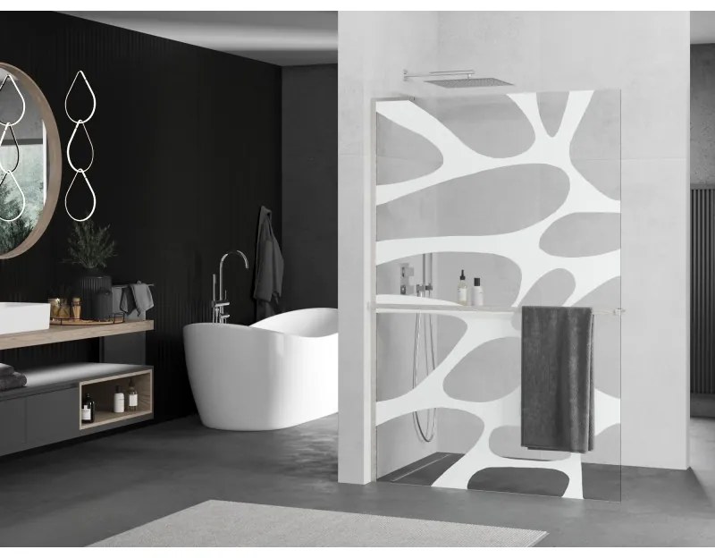 Mexen Kioto+ L, sprchová zástena Walk-In s poličkou a vešiakom 80 x 200 cm, 8mm číre sklo biely vzor, brúsená oceľ profil, 800-080-123-97-97