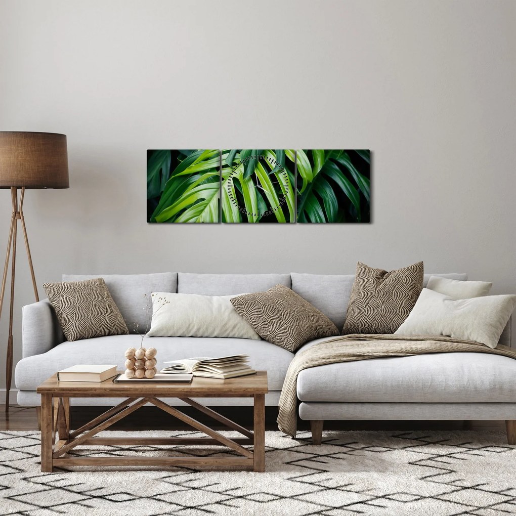 Obraz - Tropické listy (s hodinami) (90x30 cm)