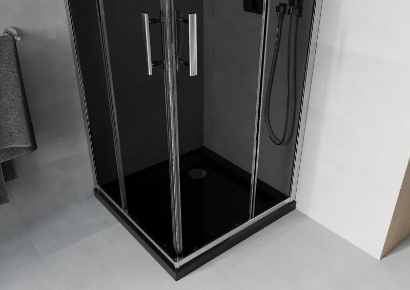 Mexen Rio, štvorcový sprchovací kút s posuvnými dverami 70(dvere) x 70(dvere) x 190 cm, 6mm šedé sklo, chrómový profil + čierna sprchová vanička SLIM, 860-070-070-01-40-4070