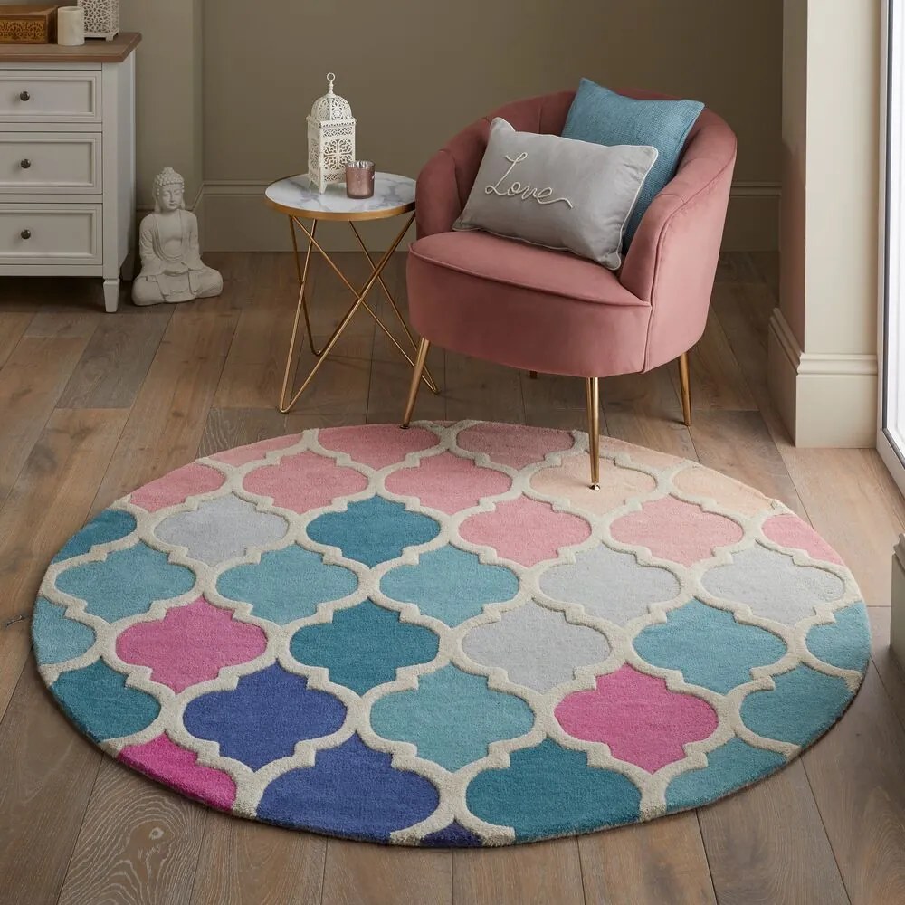 Ručne všívaný kusový koberec Illusion Rosella Pink/Blue kruh, 160x160 (priemer) kruh, viacfarebná, obývacia izba, Flair Rugs