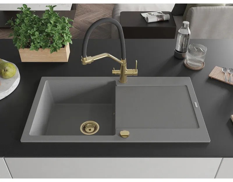 Mexen Leo, 1-komorový granitový drez 900x500x190 mm a drezová batéria Duo, šedá, 6501-71-671701-57-G