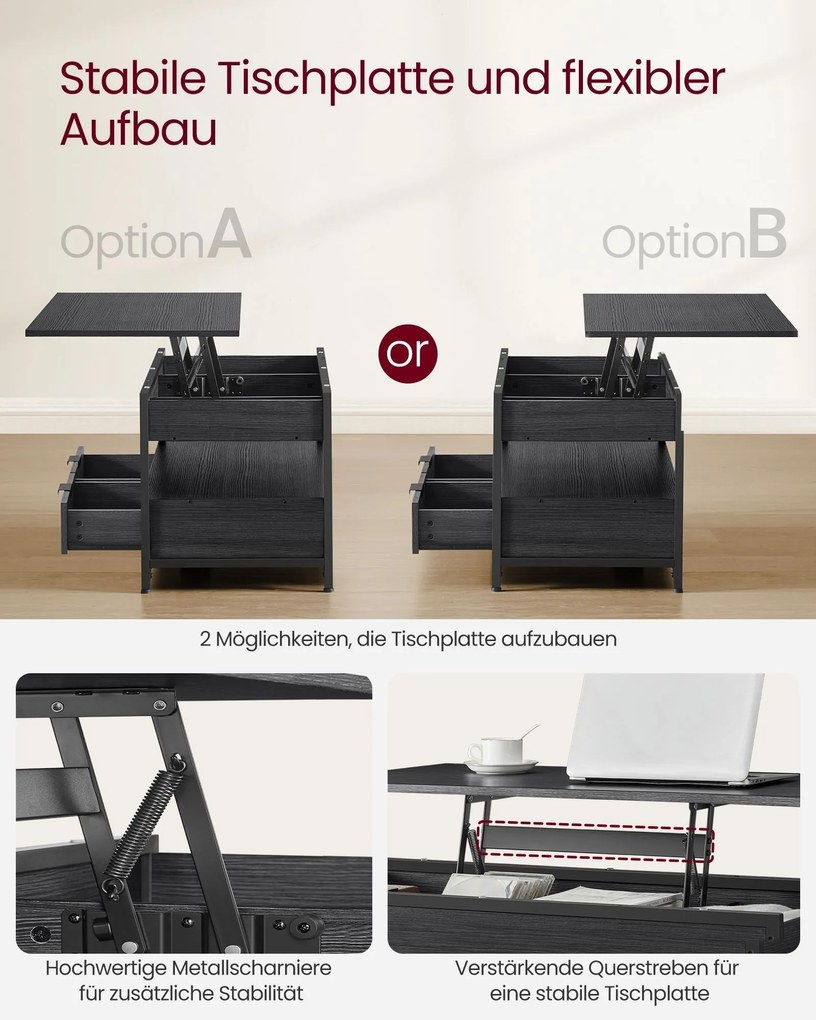 Konferenčný stolík do obývačky s nastaviteľnou výškou a zásuvkami, 50 x 100 cm, čierny