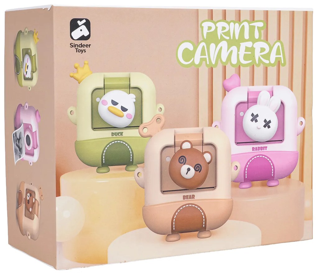 Detský fotoaparát s tlačiarňou – Medveď alebo Kačka + fixky a nálepky Tvar: Medvedík