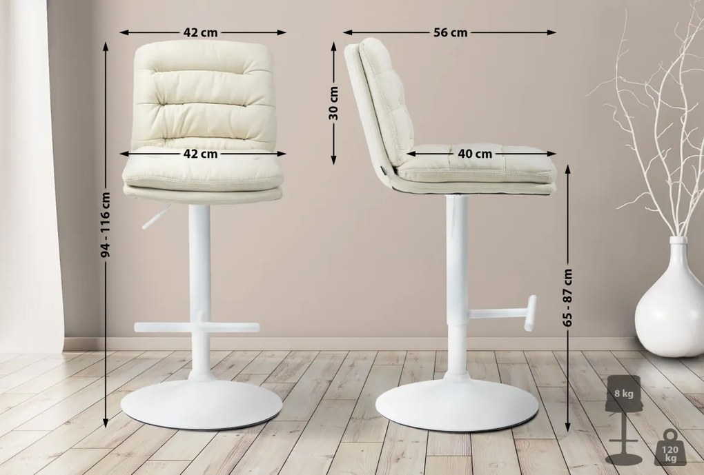 2x Barová stolička Damar - látka, biely rám - krémová
