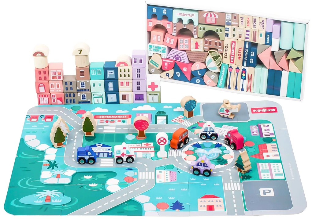 WELLHOX Drevené vzdelávacie bloky mesto s podložkou 115 ks