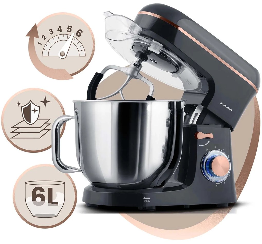 Berdsen 1400 W BD-756 3-v-1 planetárny mixér kuchynský robot 6 l Farba: strieborno-zlatý