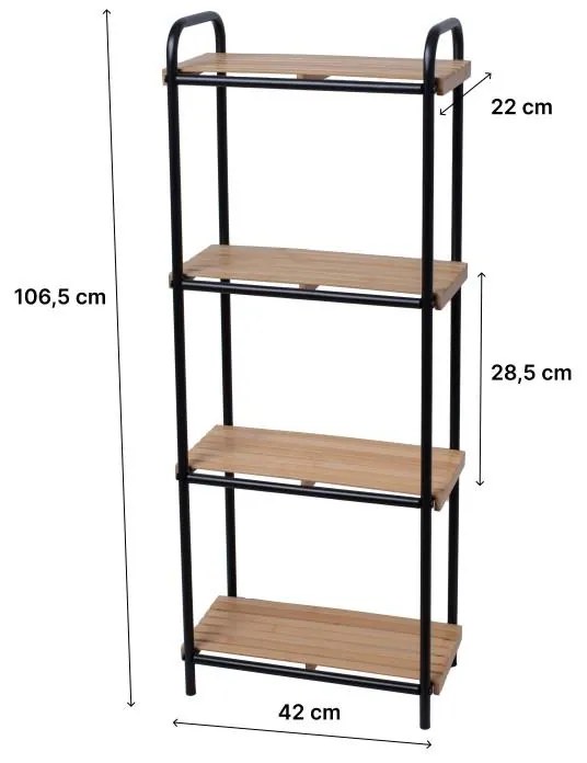 Erga Mike, kovový kúpeľňový štvorpolicový regál na postavenie 42x22x106,5 cm, čierna-prírodná hnedá, ERG-YKA-P.MIKE-4