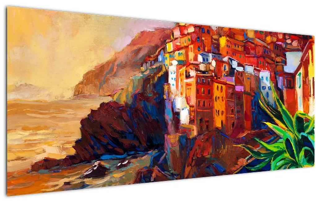 Obraz - Dedina na pobreží Cinque Terre, Talianska riviéra, moderný impresionizmus (120x50 cm)