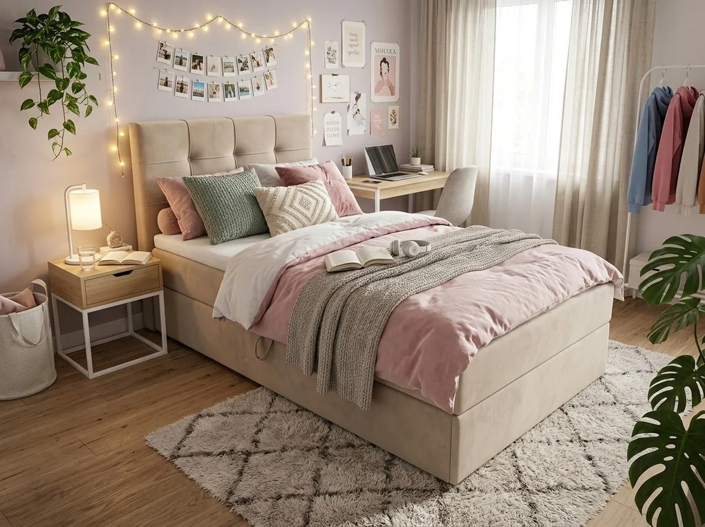 Čalúnená posteľ boxspring DIRELIS TRINITY 90x200 cm béžová Matrac: Matrac Bonell pružinový
