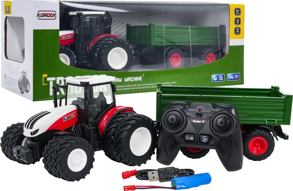 Ramiz Červený R/C traktor so zeleným prívesom
