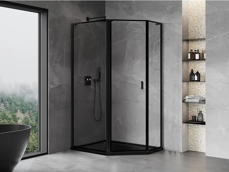 Mexen Mist L, päťuholníkový sprchový kút s krídlovými dverami, 90 x 80 cm, 8mm číre sklo, čierny profil, 8A8L-090-080-70-70-L