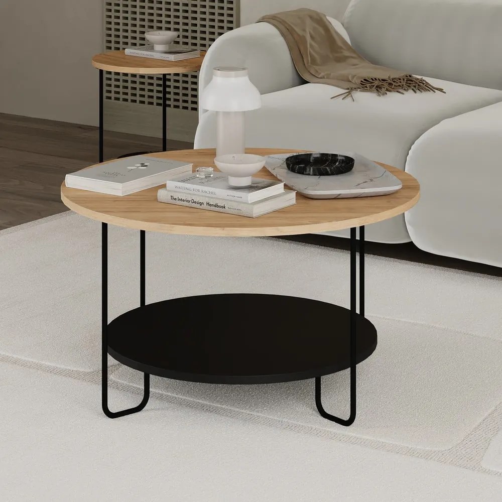 Okrúhly konferenčný stolík s doskou v dubovom dekore v čierno-prírodnej farbe ø 80 cm Tonka – Marckeric