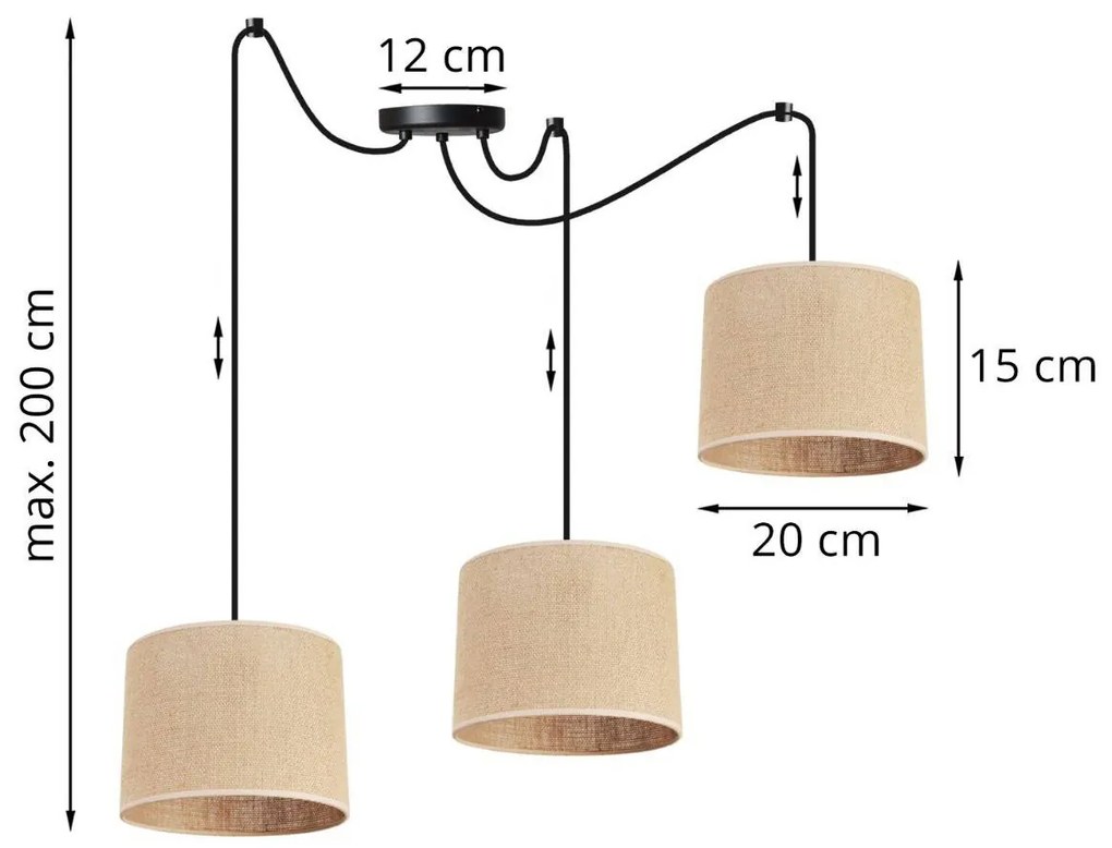 Závesné svietidlo Juta Spider, 3x jutové tienidlo, (výber z 2 farieb konštrukcie), (fi 20cm)