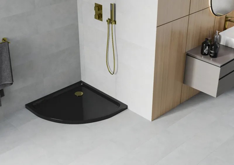Mexen SLIM - Štvrťkruhová sprchová vanička 90x90x5cm + zlatý sifón, čierna, 41709090G
