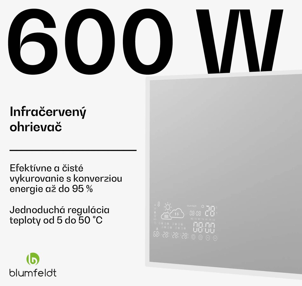 Blumfeldt Infračervený ohrievač, Smart Mirror, Infračervené žiarenie, 600 W, IP44