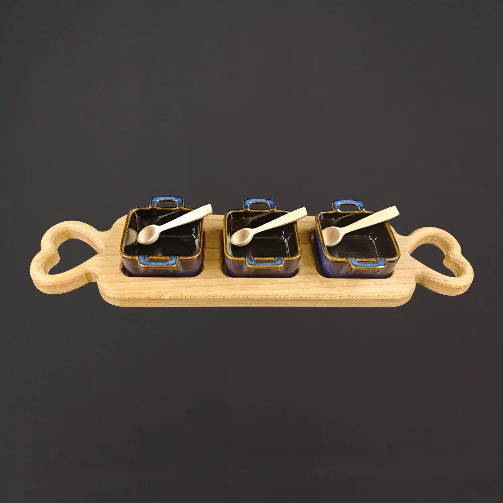 AMADEA 46240 Podnos 3 keramické misky a drev. lyžičky 43cm drev. dekorácie