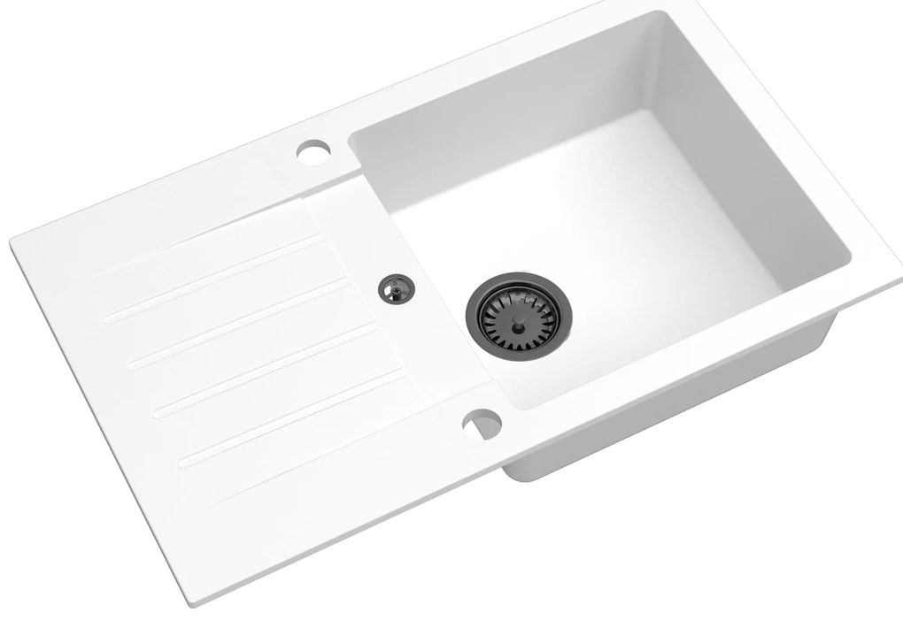 Sink Quality Natalie, kuchynský granitový drez 770x450x170 mm + čierny sifón, biela, SKQ-NAT.W.1KDO.XB