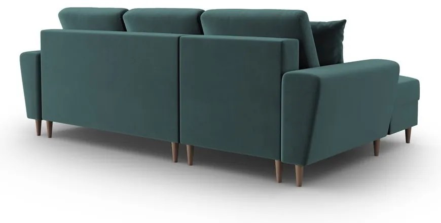 Zamatová rozkladacia/s úložným priestorom rohová pohovka v petrolejovej farbe (ľavý roh/s leňoškou) Kyoto – Cosmopolitan Design