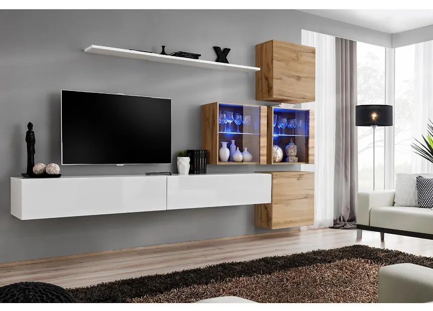 Obývacia stena Switch XIX Sklo +LED  Biely/Wotan