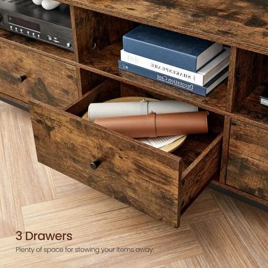 TV stolík s 3 zásuvkami a odkladacími policami, rustikálny hnedý