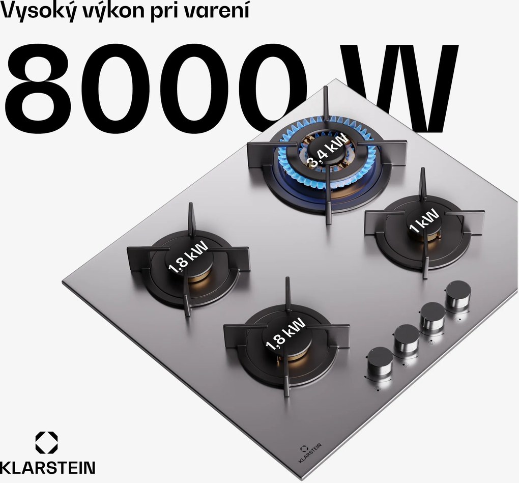 Klarstein Goldflame 4, plynová varná doska, 4 horáky, sebestačná, zemný plyn/propán, nehrdzavejúca oceľ