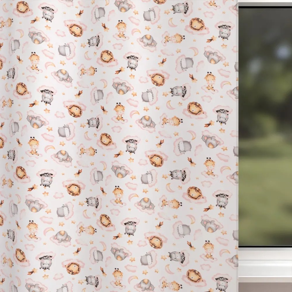 Biante Detský bavlnený záves Sandra SA-658 Africké zvieratká na ružových obláčikoch na bielom 150x260 cm