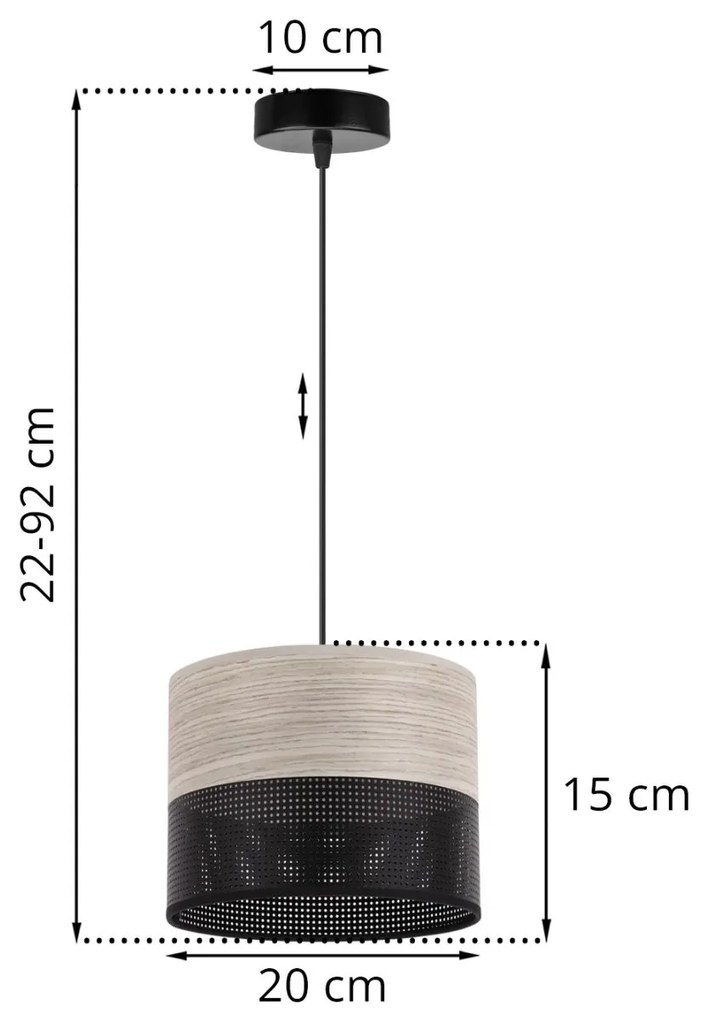 Závesné svietidlo Wood, 1x svetlobéžová dubová dýha/čierne PVCové tienidlo, (fi 20cm)