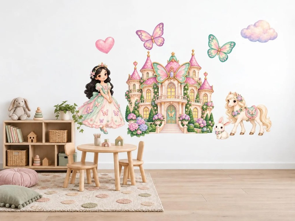 Motýlia princezná a zámok pastelové rozprávkové nálepky na stenu pre malé princezné arch 46 x 34 cm