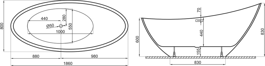 Polimat Akrylátová voľne stojaca vaňa Zoe 180x80 POLIMAT-Rozmery: 180x80, POLIMAT-Farba vane: Biela / mokka lesk