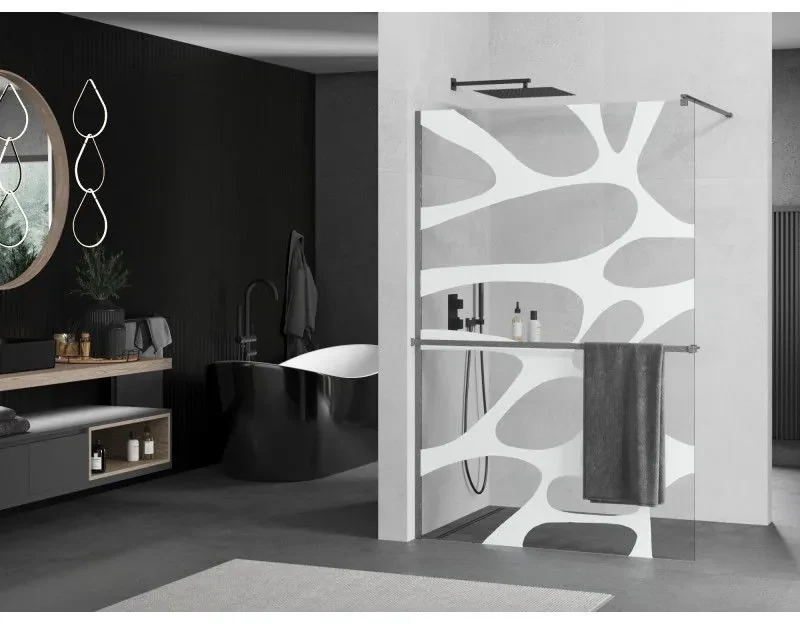 Mexen Kioto+, sprchová zástena Walk-In s poličkou a vešiakom 100 x 200 cm, 8mm číre sklo biely vzor, grafitový profil, 800-100-121-66-97