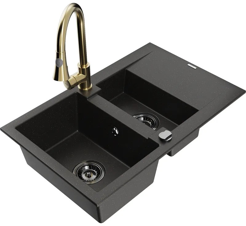 Mexen Gaspar, 1,5-komorový granitový drez 737x475x177 mm a drezová batéria Elia, čierna-zlatá metalíza, 6507-75-670101-50-B