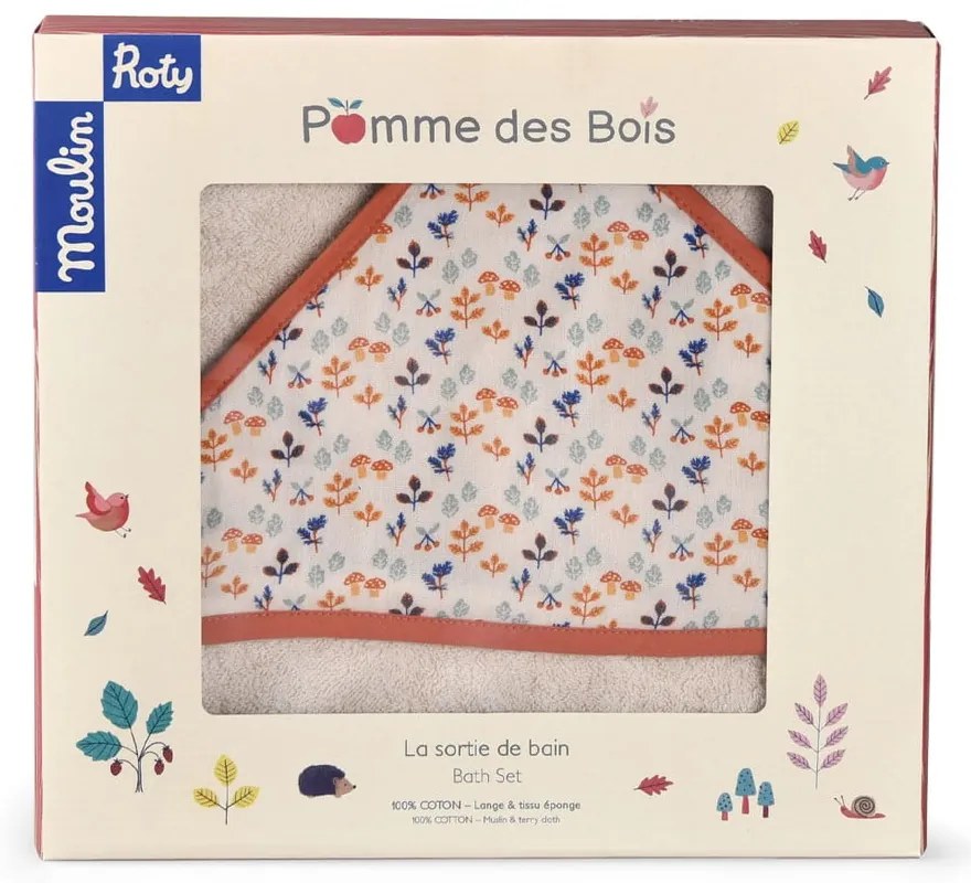 Krémová bavlnená detská osuška s kapucňou 80x80 cm Pomme des Bois – Moulin Roty