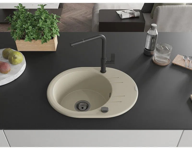 Mexen Kevin, 1-komorový granitový drez 586x458x190 mm a drezová batéria Flora, béžová, 6517-69-670401-70-B