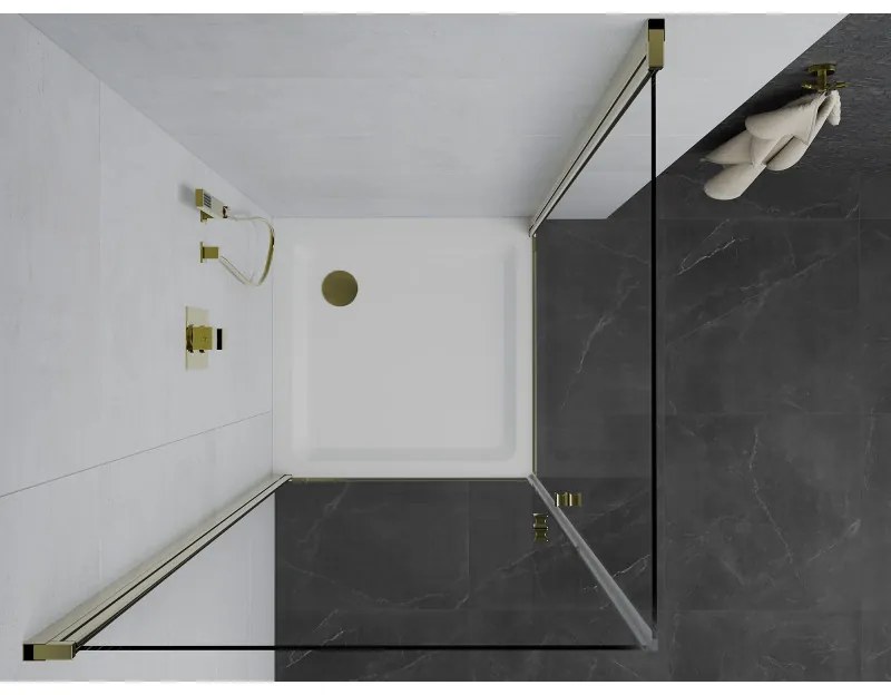 Mexen Pretoria Duo, sprchovací kút s 2-krídlovými dverami 90 (dvere) x 90 (dvere) cm, 6mm číre sklo, zlatý profil + slim sprchová vanička 5cm biela so zlatým sifónom, 852-090-090-50-02-4010G