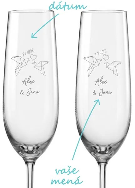 Svadobné poháre na sekt hrdličky ORIGAMI, 2 ks