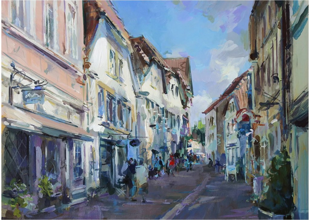 Sklenený obraz - Ulička starého mesta, akrylová maľba (70x50 cm)