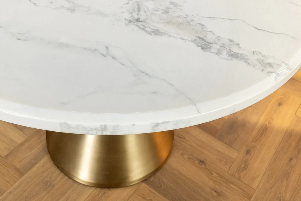 Jedálenský stôl ELEGANCIA 130 cm okrúhly rám so zlatým bielym mramorovým vzhľadom