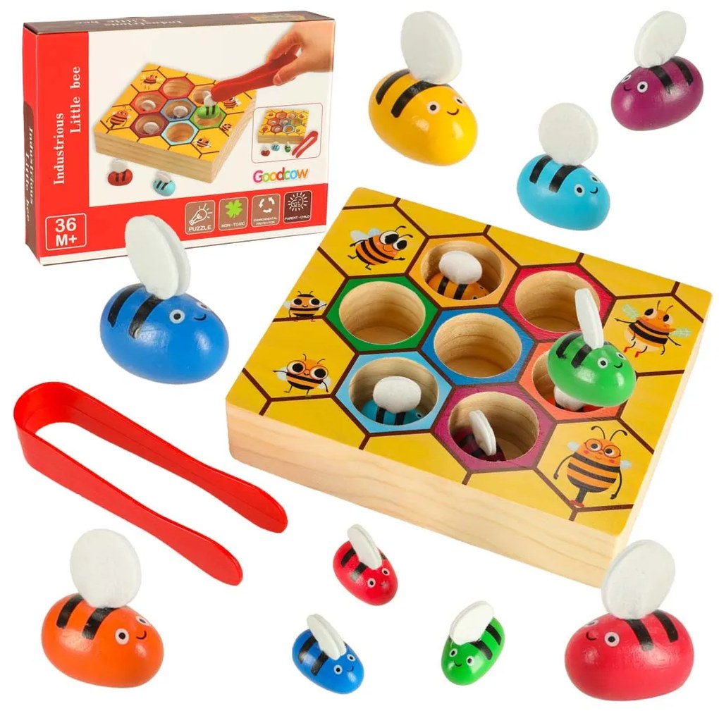 KIK Montessori drevená vzdelávacia hra Včely – farebné včielky na rozvoj motoriky