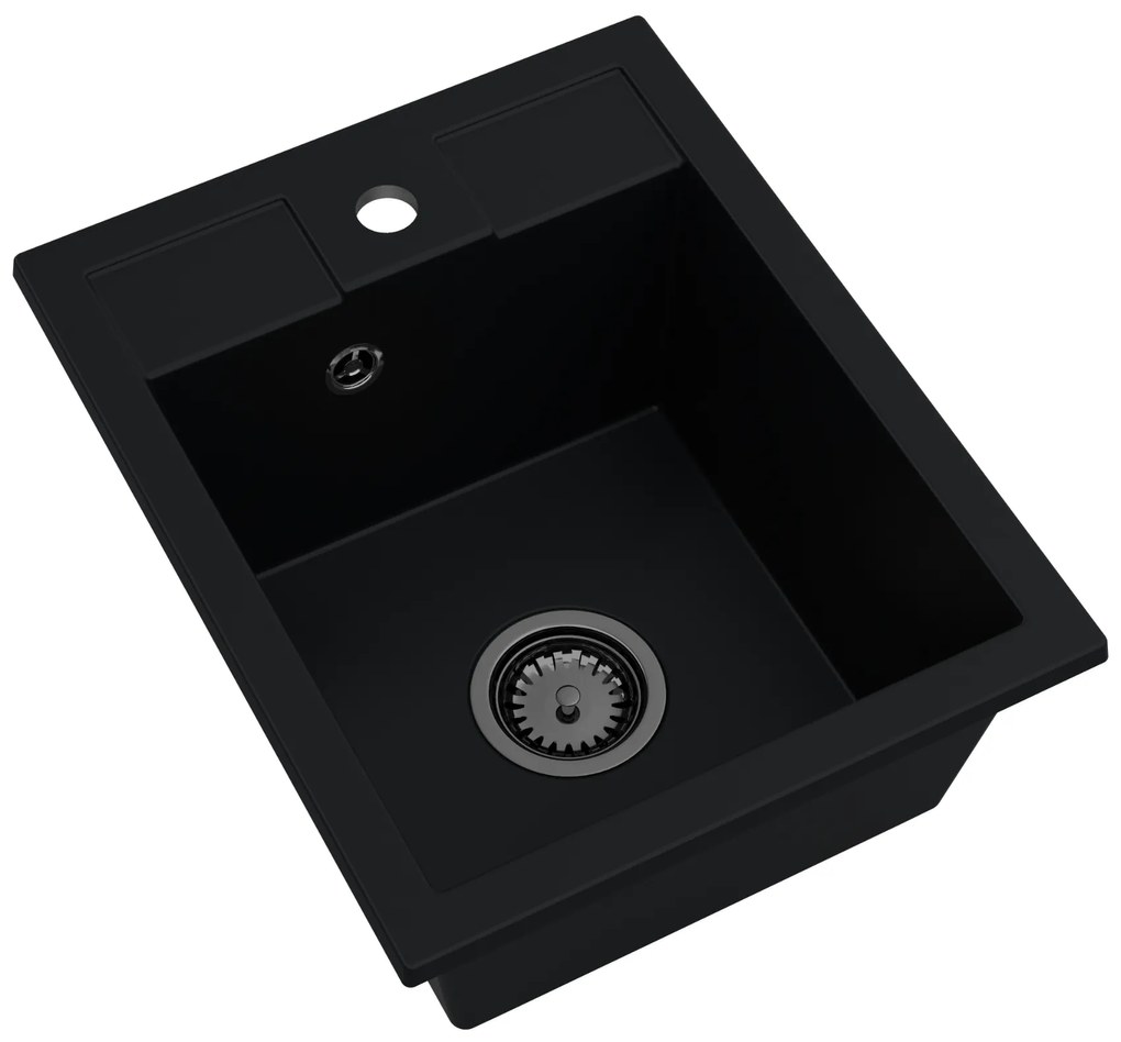 Sink Quality Ferrum 40, kuchynský granitový drez 400x500x195 mm + čierny sifón, čierna, SKQ-FER.C.1K40.XB