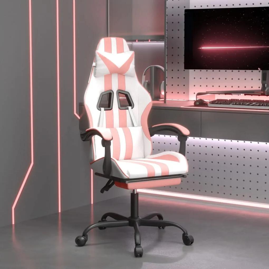 Otočná herná stolička s podnožkou biela a ružová umelá koža 349540