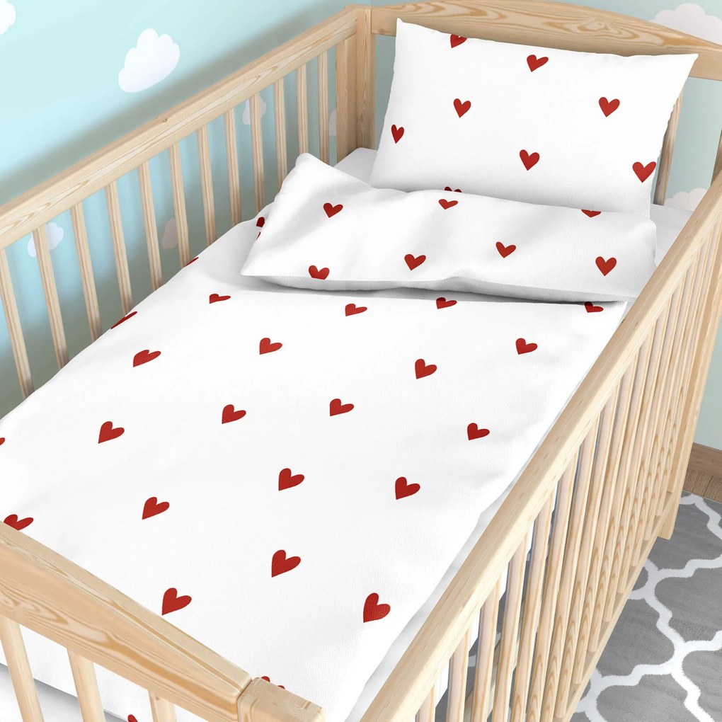 Goldea detské bavlnené obliečky do postieľky - červené srdiečka na bielom 110 x 125 a 35 x 55 cm