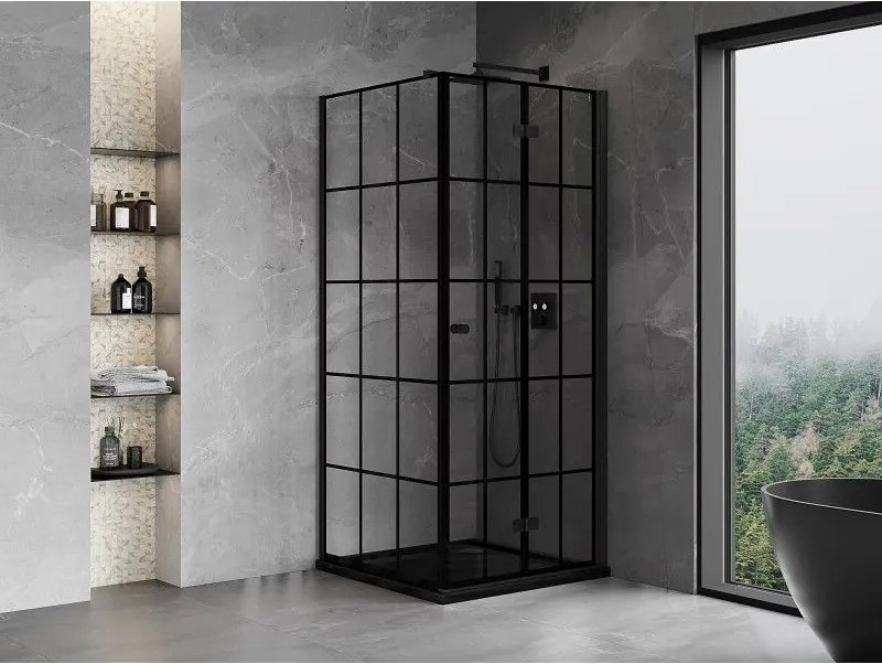 Mexen Mist-F T, 1-krídlový skladací sprchový kút pravý 95 x 95 cm, číre sklo-čierna mriežka, 8A6T-095-095-70-77-P