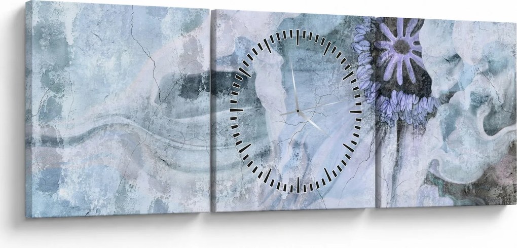 Obraz - Kvetinová freska na tehlovej stene (s hodinami) (90x30 cm)